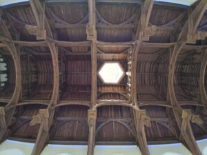 Looking up at the ceiling of the Great Hall