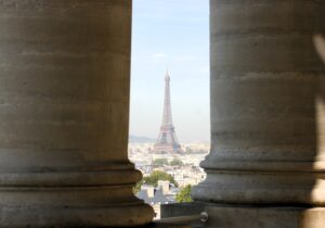 Eiffel Tower through the columns on the top of Pantheon dome