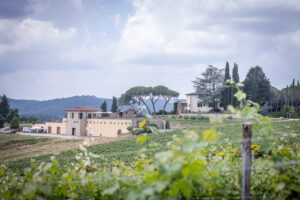La Massa - Marks Meanderings Tenuta La Massa in foreground with a stone estate and olive trees on a hillside under a cloudy sky
