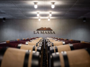 Wine bottles stored in long rows in a dim cellar, wall sign reads LA MASSA.
