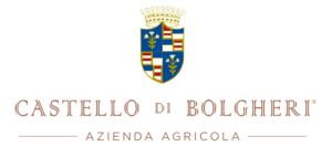 Castello di Bolgheri crest with crown above a blue and gold shield, followed by the phrase “CASTELLO DI BOLGHERI” and “AZIENDA AGRICOLA.”